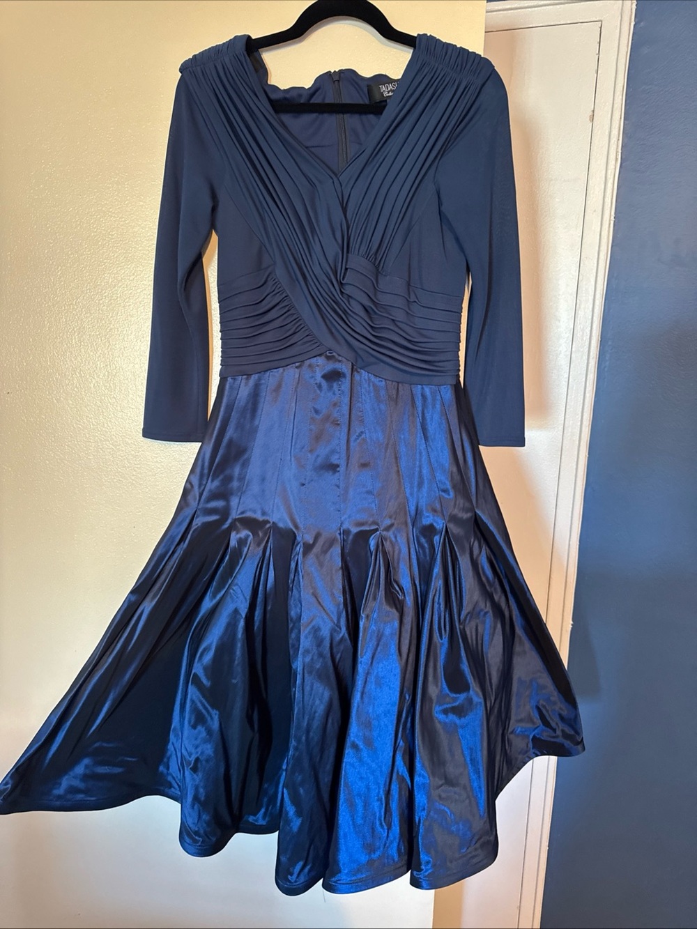 Tadashi Shoji Midnight Navy Long-Sleeve Pleated Fit-and-Flare Dress